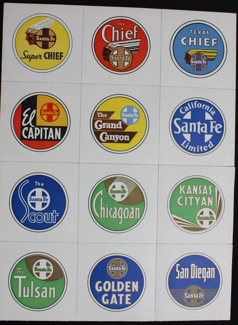 SANTA FE PRINTED PAPER DRUMHEAD GRAPHICS SAMPLES: A sampler of Santa Fe Railroad graphics from the Santa fe Fleet as seen on the lighted drumhead signs of each train. Measures 3.25 inches each. We happily provide seamless in-house packing and shippin