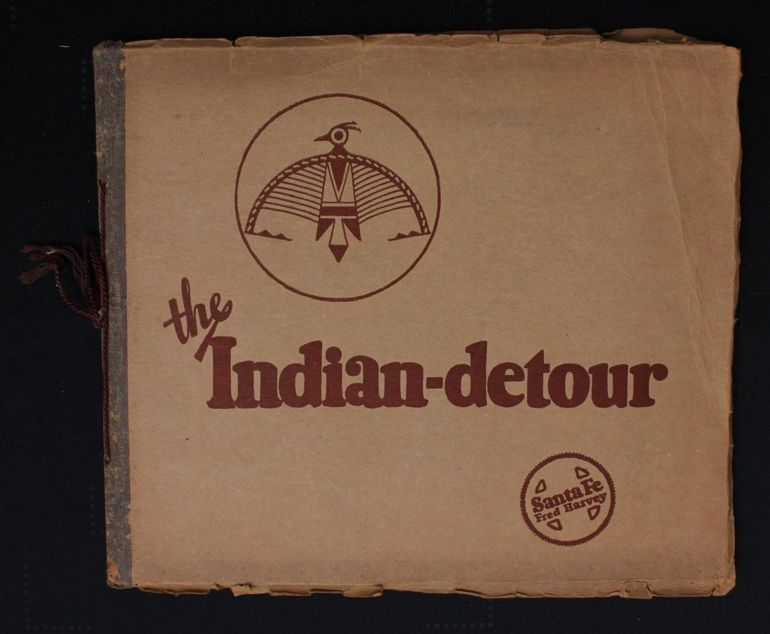 A SANTA FE FRED HARVEY INDIAN DETOURS PROMOTIONAL ALBUM: The large promotional booklet with tabbed-in mechanical photographic images of scenes one could take in from 'Harveycars' covering about 300 miles of highway across the Southwest, excursions from stop