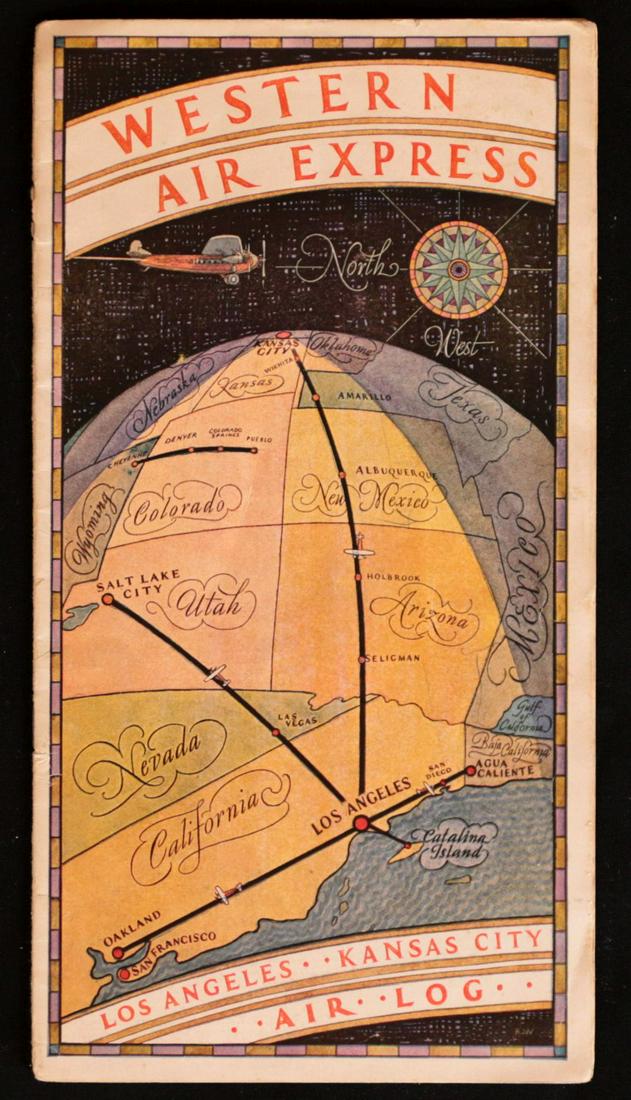 A 1929 WESTERN AIRLINES AIR LOG BROCHURE: Western Air Express Air Log, eighteen pages, documenting points of interest along the flight route from Kansas City to Los Angeles, dated October 1929. We happily provide seamless in-house packing and