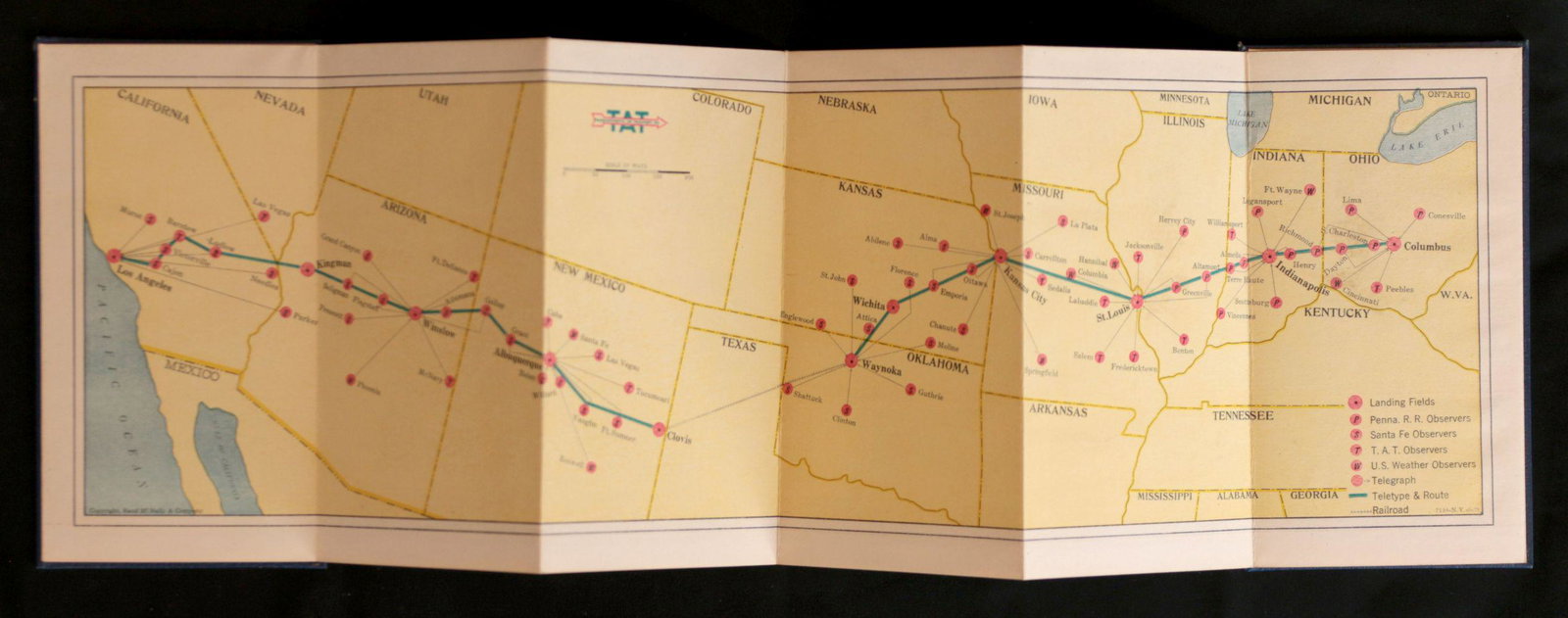 T.A.T. AND P.R.R. RAIL-AIR TRANSPORT BROCHURES, C. 1929: Transcontinental Air Transport and Pennsylvania Railroad Rail-Air Service brochures dated 1929, plus a T.A.T. folding map with flight log. We happily provide seamless in-house packing and shipping ser
