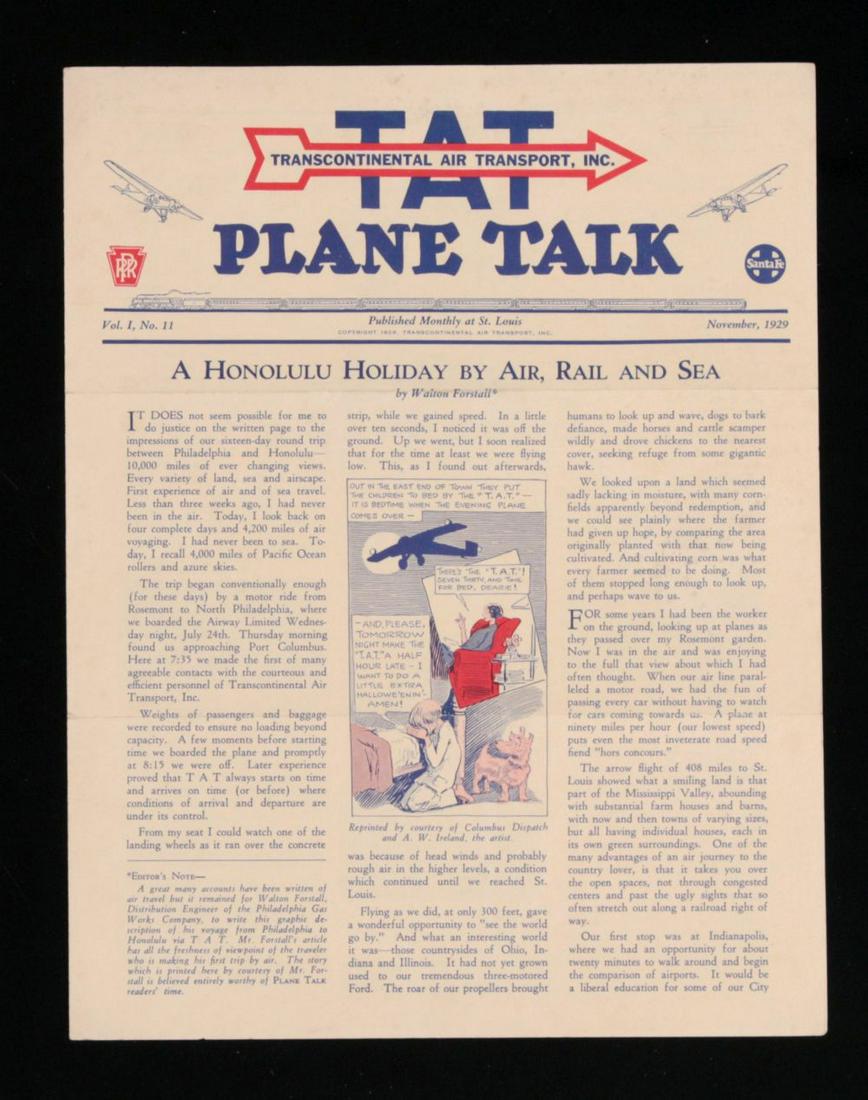 TRANSCONTINENTAL AIR TRANSPORT NEWSLETTERS CIRCA 1929: TAT newsletters 'Plane Talk' dated January through December 1929, plus internal correspondence and memos circa 1930. We happily provide seamless in-house packing and shipping services on nearly everyt