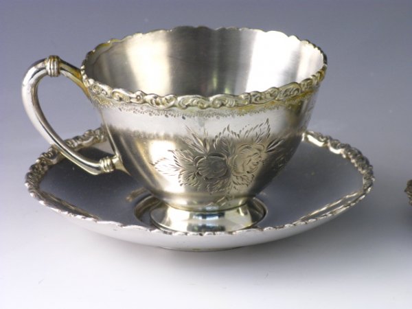 TWO FANCY QUAD PLATE SILVER CUP AND SAUCER SETS - 2