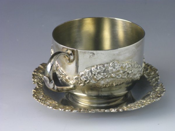 TWO FANCY QUAD PLATE SILVER CUP AND SAUCER SETS - 8