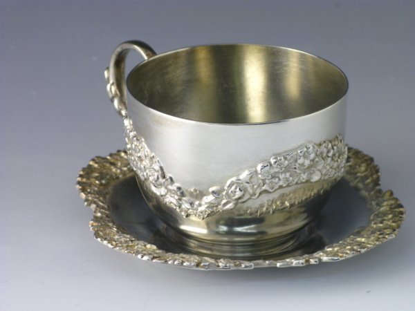 TWO FANCY QUAD PLATE SILVER CUP AND SAUCER SETS - 9