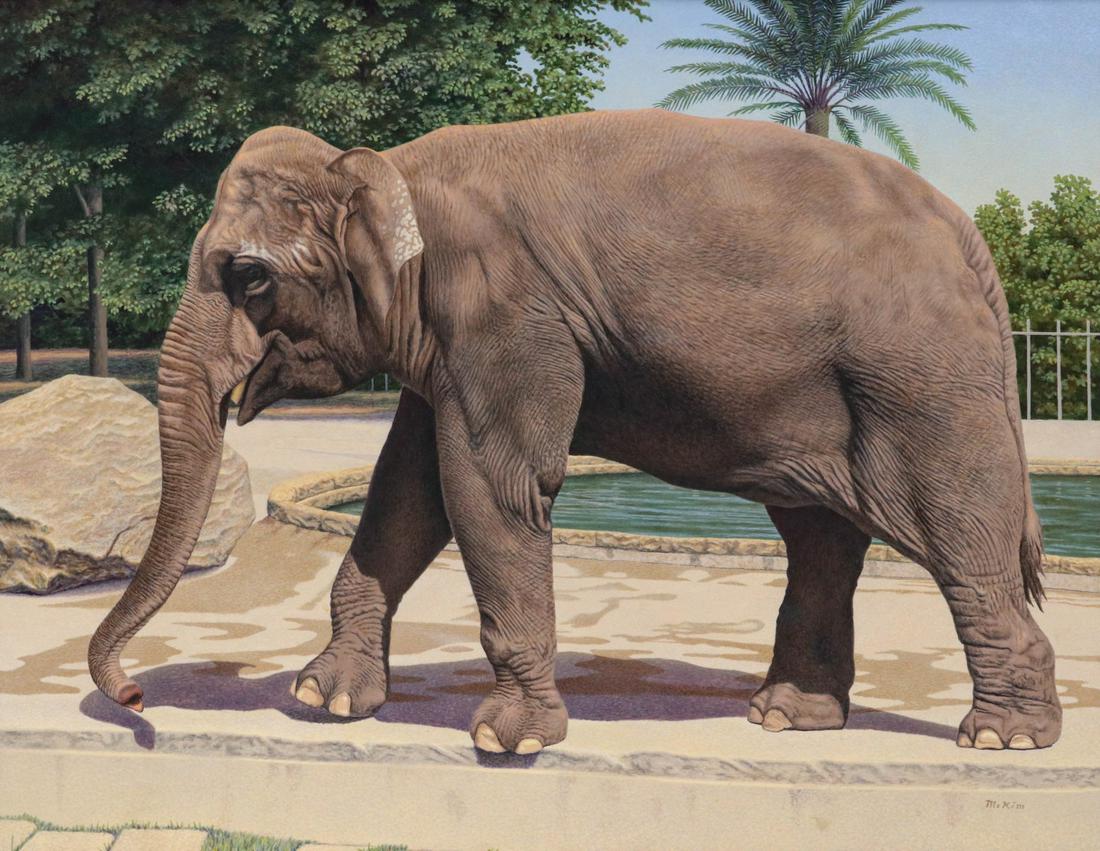 WILLIAM McKIM (1916-1995) TEMPERA ON PANEL: William Wind McKim (1916-1995) Zoo in Barcelona 1967 Signed lower right, inscribed in ink verso 'Zoo in Barcelona, Mr. Sam Sosland.' Work measures 28 x 36, frame is 37 x 45 inches. Provenance: Sam Sos