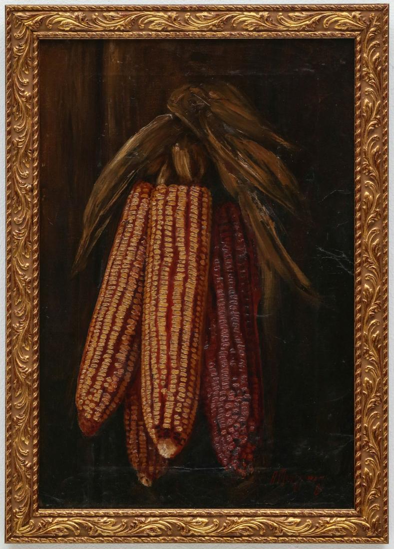 ALFRED MONTGOMERY (1857-1922) OIL ON CANVAS: Alfred Montgomery (1857-1922) Hanging Corn 1900 - 1920 The oil on canvas without stretchers, framed with backing, hanging corn with detailed kernels in the distinctive thick impasto technique unique t