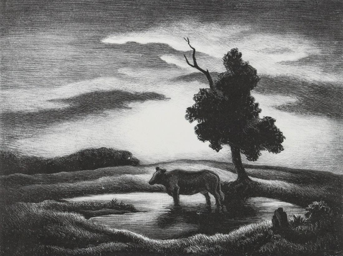 THOMAS HART BENTON (1889-1975) SIGNED LITHOGRAPH: Thomas Hart Benton (1889-1975) Sunset 1941 Signed lower right, edition of 204, Fath number 43. Image size 10 x 13.25, sheet measures 11.75 x 16, that frame is 23 x 26.5 inches. We happily provide seam