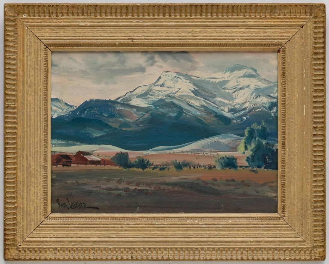 PAUL LAURITZ (1889-1975) OIL ON CANVAS: Paul Lauritz (1889-1975) Along John Day River, Eastern Oregon Titled on the frame liner, signed lower left. Sight size 12.25 x 17.5, frame measures 20 x 24.75 inches. We happily provide seamless in-ho