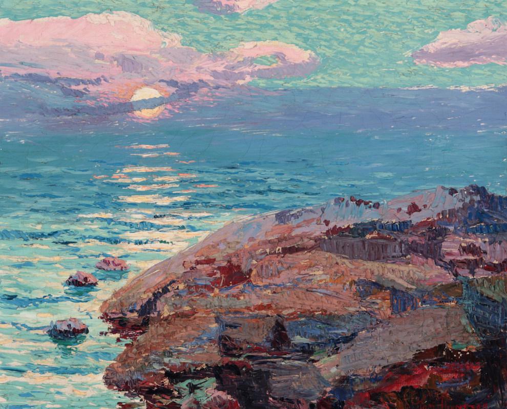 AN EARLY 20TH CENT OIL ON CANVAS SIGNED 'TOM THOMSON': Tom Thompson Early 20th century. The view with rock outcropping at water's edge and sunset below pointillist sky, signed lower right. Canvas measures 22 x 27.25, frame is 29.25 x 34.25 inches. Provena
