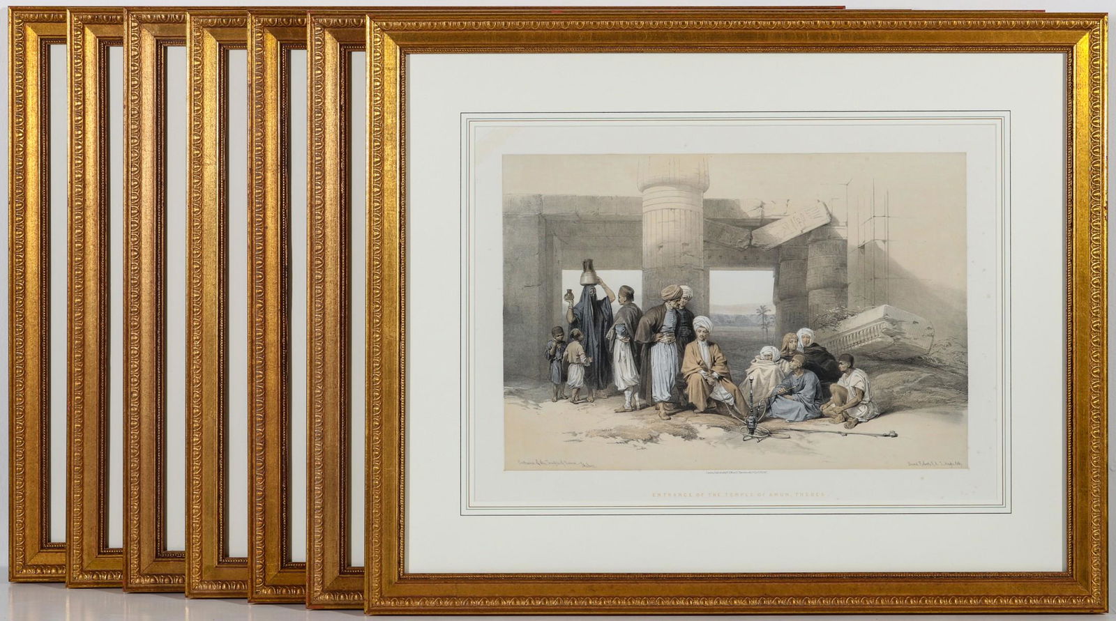 SEVEN DAVID ROBERTS (1796-1864) ORIENTALIST LITHOGRAPHS: David Roberts (1796-1864) 1847 A collection of seven fine hand colored lithographs published by F.G. Moon, London circa 1847. The titles include: 'Entrance to the Tombs of the King of Thebes - Biban-e