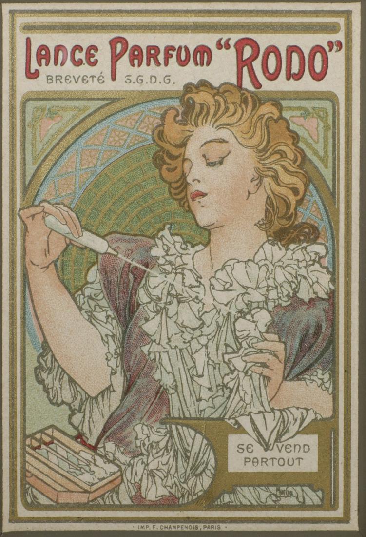 ALPHONSE MUCHA 1896 TRADE CARD FOR LANCE PARFUM: Lance Parfum Rodo 1896 Lance Parfum 'Rodo' advertising trade card published by Imprimerie F. Champenois, Paris, 1896, gold embossing on color lithography, printed on card weight paper, featured in the