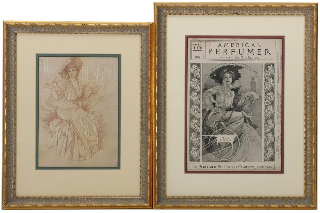 TWO ILLUSTRATED COVERS AFTER ALPHONSE MUCHA: 1907/1908 Two framed images:. 1. cover for The Designer, red lithography with white pochoir. signed in the image, June 1907 issue. 2. Illustrated cover for The American Perfumer May, 1908. Professiona