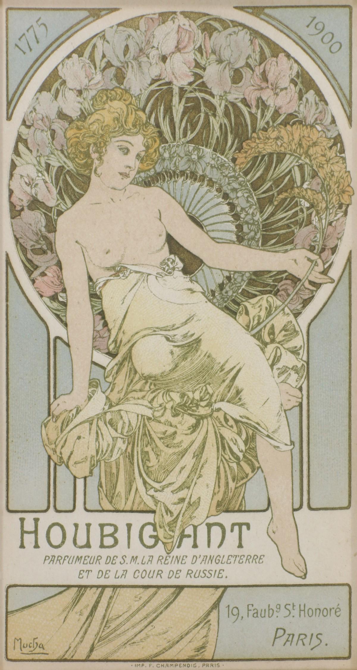 AN ALPHONSE MUCAH ILLUSTRATED HOUBIGANT TRADE CARD: Alphonse Maria Mucha (1860-1939) 1900 The Houbigant Perfume trade card with Art Nouveau design in color lithography accented by gold embossing, the semi-nude maiden in flowing robe and among iris flow