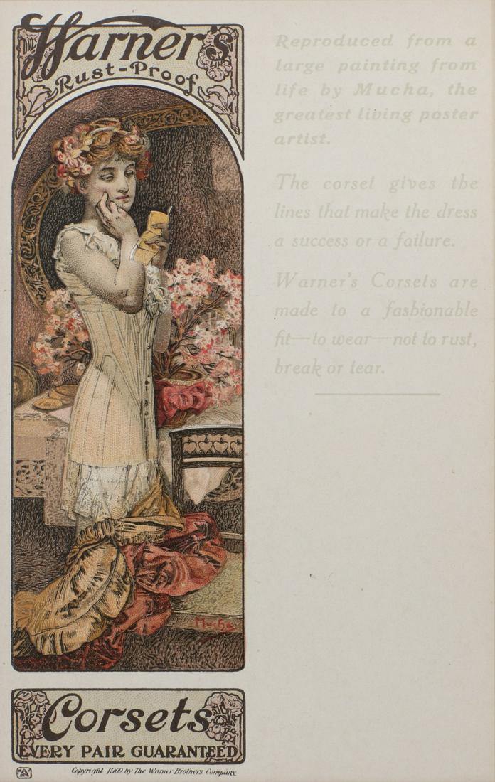 A WARNER'S CORSETS TRADE CARD ILLUS BY ALPHONSE MUCHA: The colorful chromolithograph image of maiden wearing a corset within period interior, advertising for Warner's Corsets of New York, the three paragraph design version, it is unusual to see Alphonse M