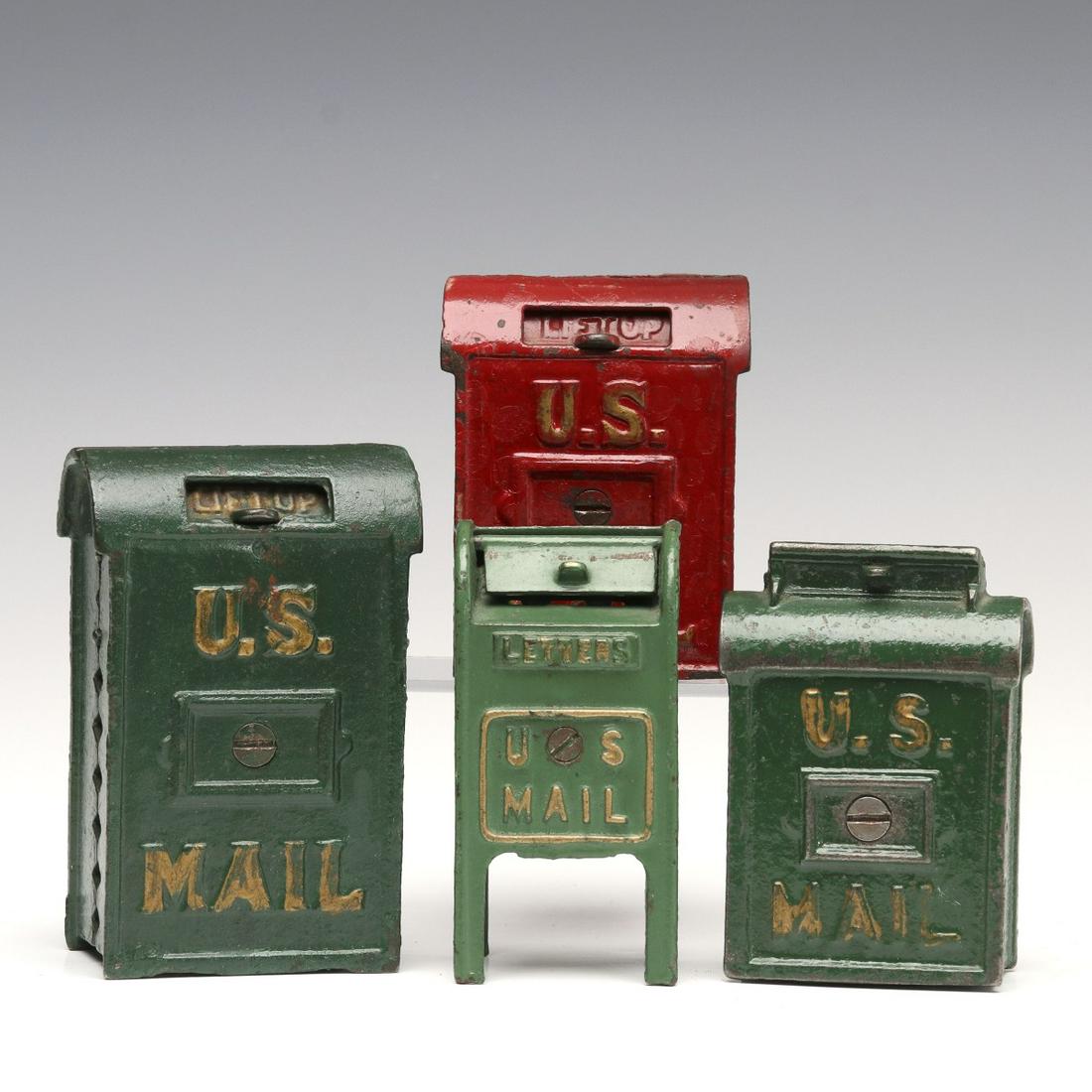 ARCADE AND OTHER CAST IRON STILL BANK MAIL BOXES: Four still banks in original paint, red bank signed Arcade with a decal. Sizes range from 4 x 1.75 x 1.5 to 4.5 x 2.75 x 1.75 inches. We happily provide seamless in-house packing and shipping services