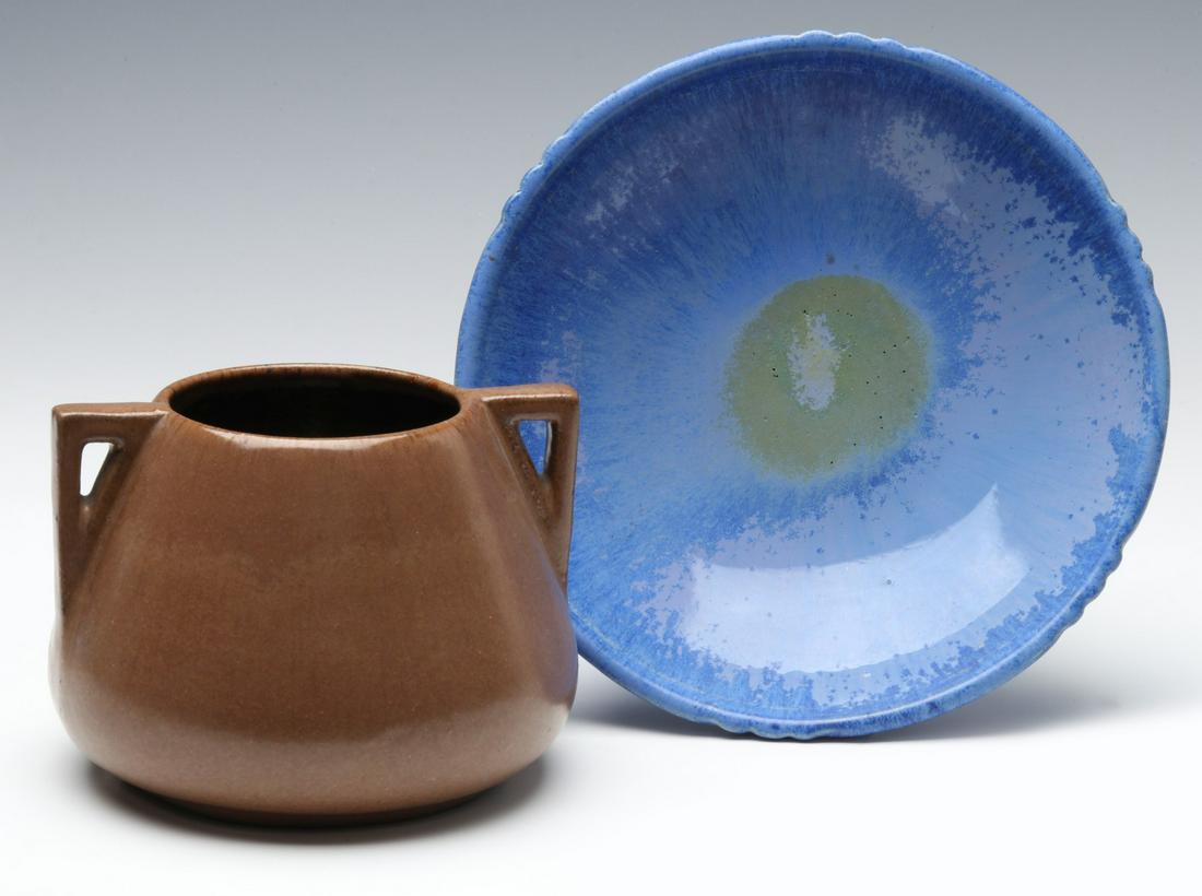 FULPER ART POTTERY FOOTED BOWL AND URN WITH HANDLES: An eight-inch Art Deco footed bowl in blue crystalline glaze, Fulper vertical ink stamp and numbered 4012. Plus a two-handled vase in brown glaze, vertical ink stamp underside of the base. Measures 4.