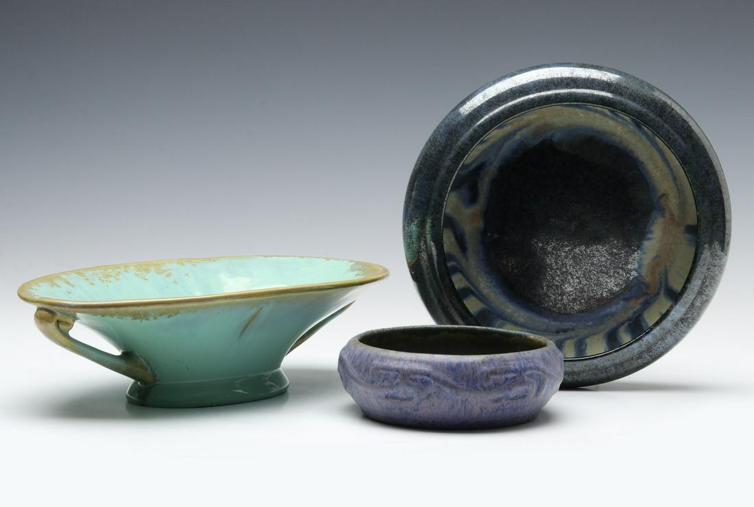 THREE FULPER ART POTTERY BOWLS: A Fulper console bowl, plus two others, each signed on the base. Measures 2 x 6 up to 3 x 12 x 6.75 inches. We happily provide seamless in-house packing and shipping services on nearly everything we s