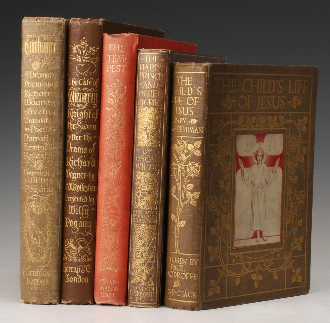 ILLUSTRATION BY W. POGANY, C. ROBINSON, P. WOODROFFE: 1. Willy Pogany Tannhauser 'A Dramatic Poem,' unpaginated. 2. Willy Pogany 'The Tale of Lohengrin.' 3. Paul Woodroffe 'The Tempest.' 4. Oscar Wilde 'The Happy Prince.' 5. Paul Woodroffe 'The Child's L