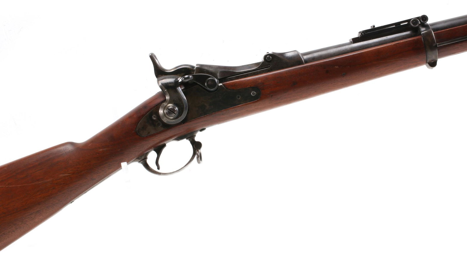 A NICE CLEAN SPRINGFIELD US MODEL 1873 TRAP DOOR RIFLE: The walnut stock with original butt plate, 31 inch barrel with capital A stamp top and additional cartouches along left side, serial number 405861, circa 1888, nice condition. The gun is 51.5 inches i