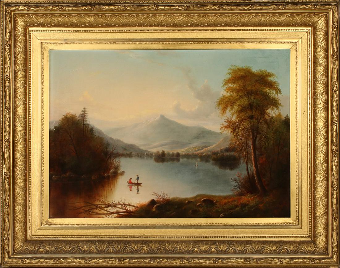 A 19TH C AMERICAN HUDSON VALLEY SCHOOL OIL ON CANVAS: Circa 1850 The classic Hudson Valley school composition depicting fall landscape with deep russet colored foliage surrounding a placid lake with figures and distant boat with sail before a mountain wi