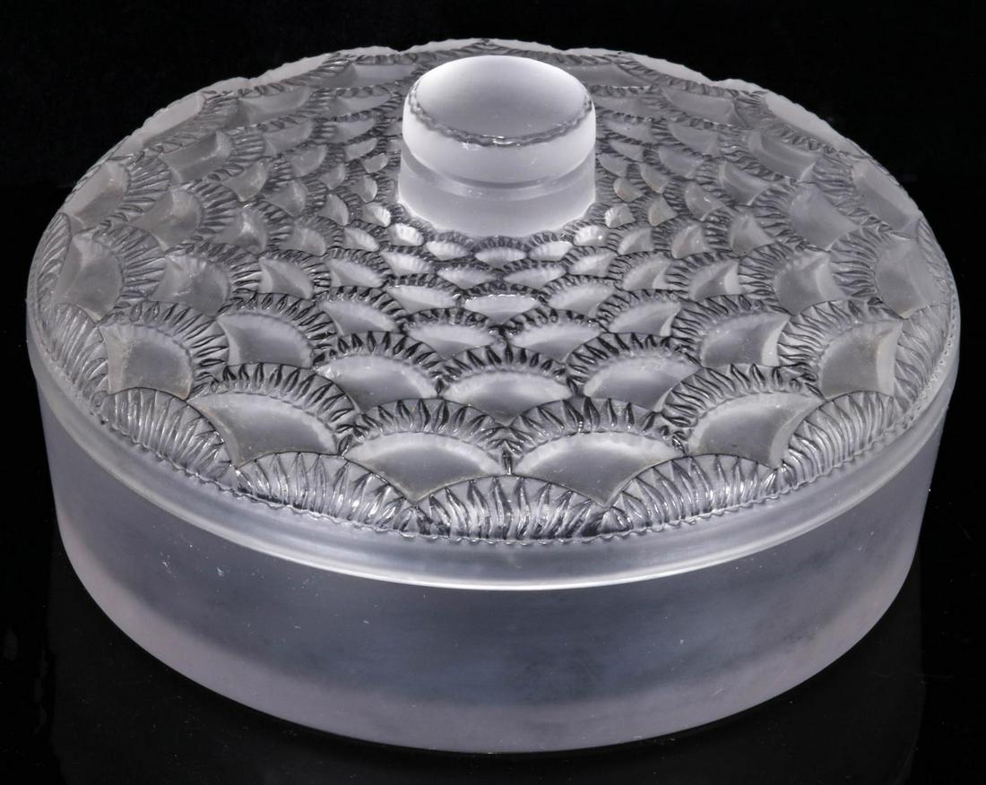 LALIQUE FRENCH CRYSTAL DRESSER BOXES AND PERFUME: Festons jar in frosted glass with polished highlights, engraved signature on the base. 'Canards' round dresser box with lid, 'L'Air du Temps; perfume and 'Daphne' dresser box with hinged lid, signed w