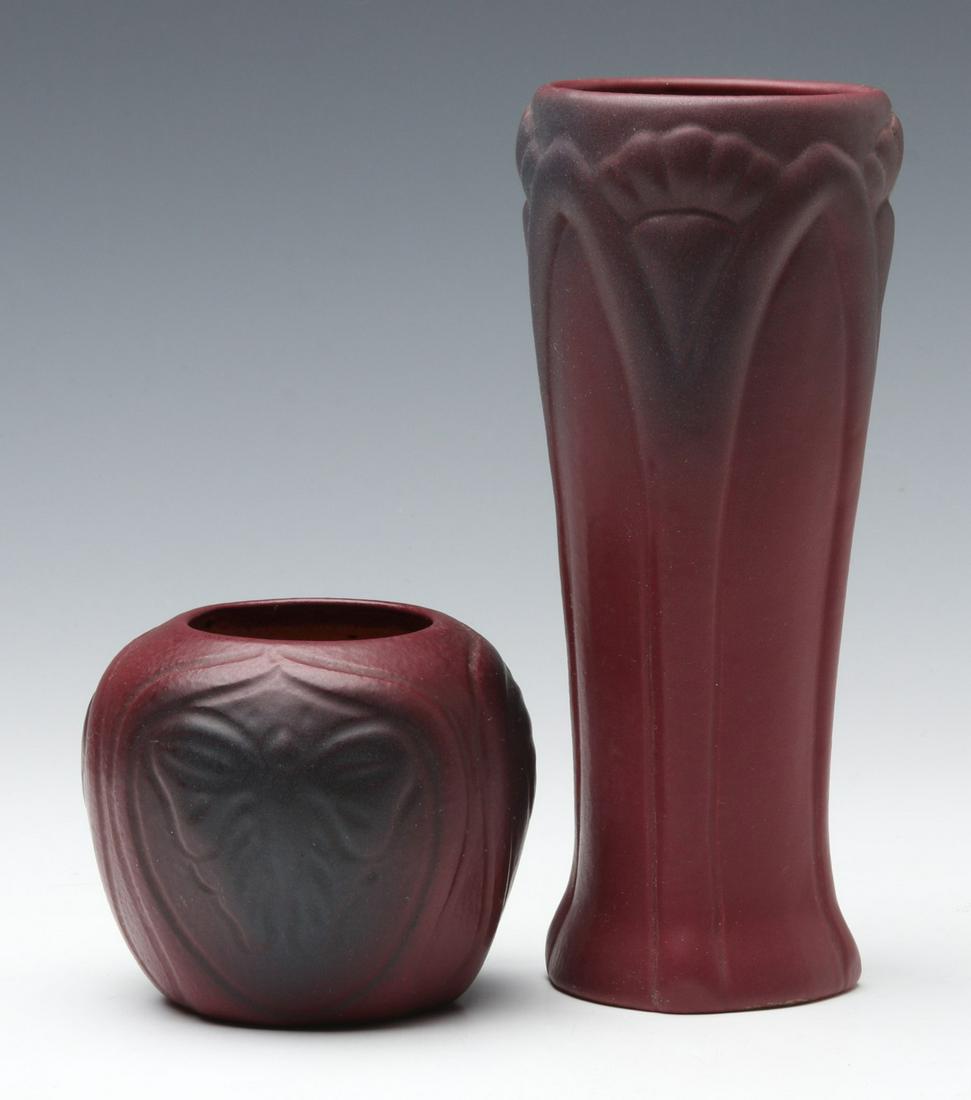 TWO VAN BRIGGLE ART POTTERY VASES INCLUDING USA MARK: The Mulberry glaze art pottery vases circa 1930, scratched signature underside of each base. Measures 7.5 x 3.25 and 3 x 3.5 inches. We happily provide seamless in-house packing and shipping services