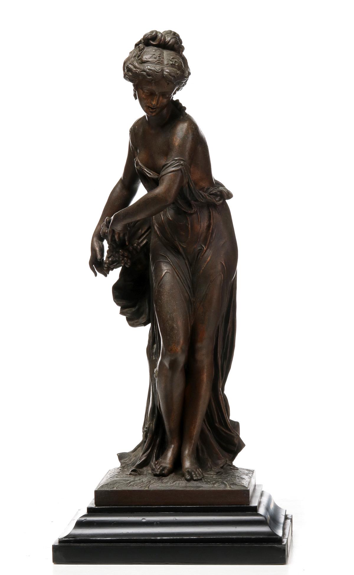 VICTORIAN SPELTER FIGURE AFTER PAUL DUBOY, PLUS ANOTHER: Paul Duboy (1830-C.1887) 1890-1910 The patinated spelter figure signed Duboy on the base, plus another lettered 'La Poesie' on front of the base. La Poesie measures 21.75 x 9 inches. Several repaired