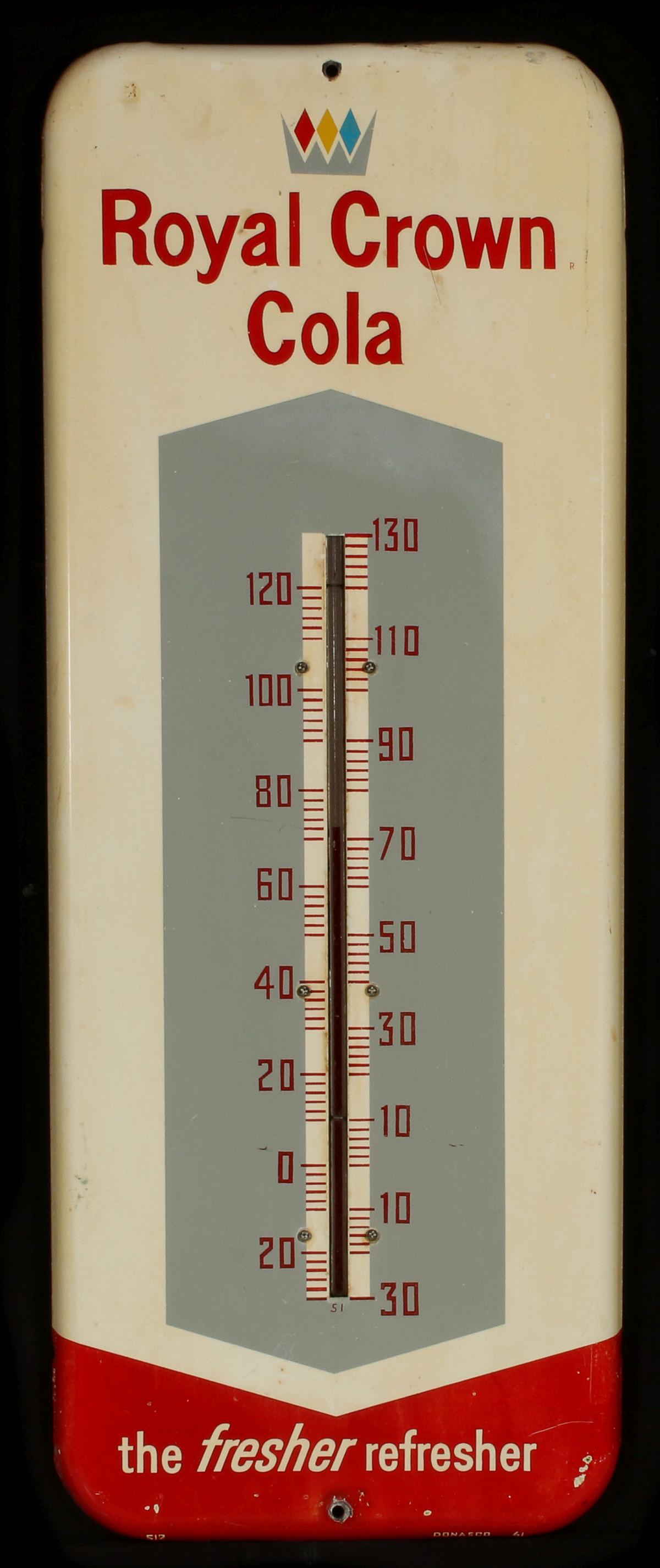 ROYAL CROWN COLA AND BENNETT'S ICE CREAM ADVERTISING: The five-color advertising thermometer for 'Royal Crown Cola, the fresher refresher,' signed Donasco and dated 61 on the lower edge. A double-sided sign sidewalk sign insert reads 'We Sell Bennett's I
