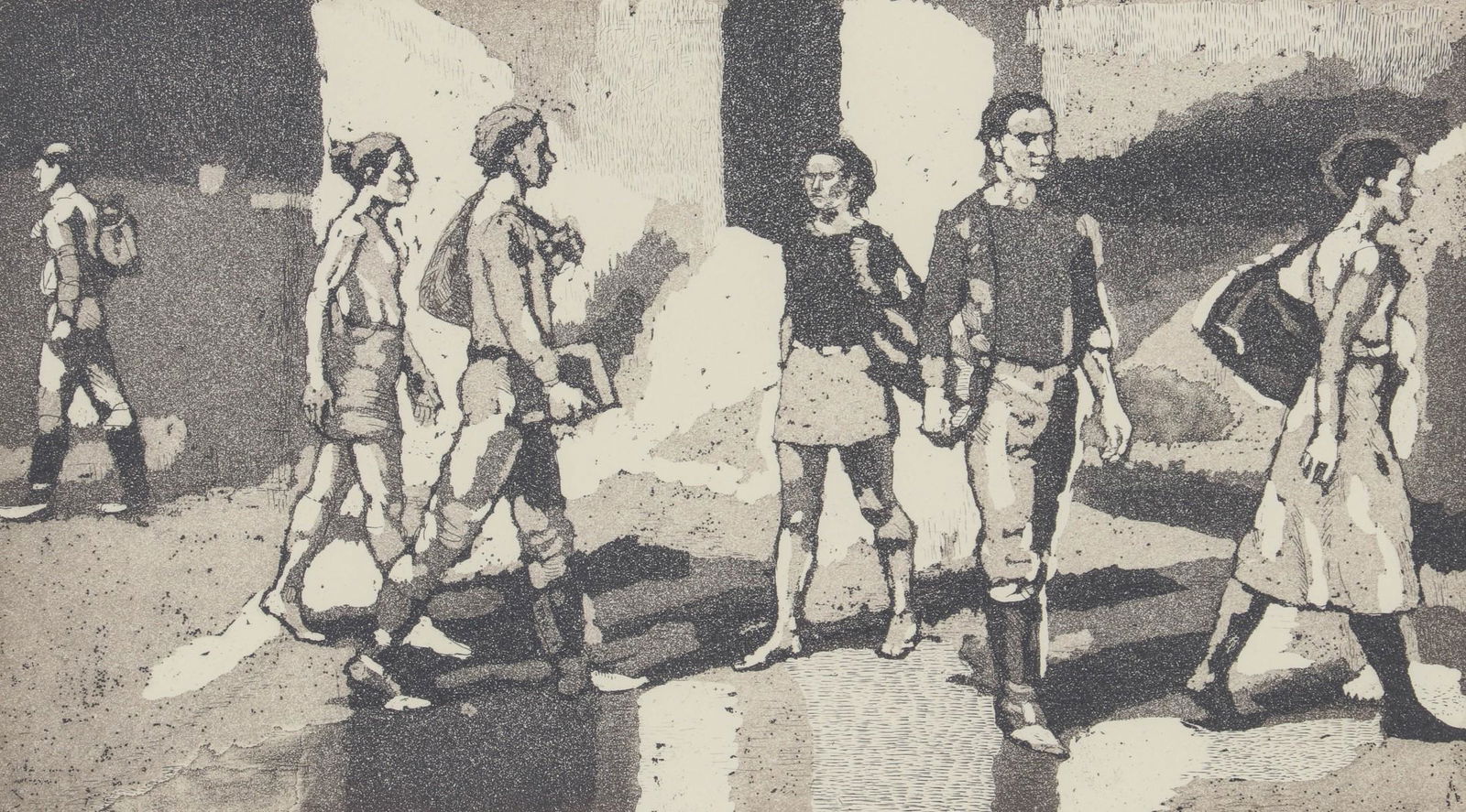 ISABEL BISHOP AND HARRY REIN PENCIL SIGNED PRINTS: 1) ISABEL BISHOP (1902-1988) PENCIL SIGNED ETCHING, Isabel (Wolff) Bishop (1902-1988), 'Students Outdoors' (1977), Signed lower right, edition 21/100 lower left. Image size 7 x 12.75, frame measures 1