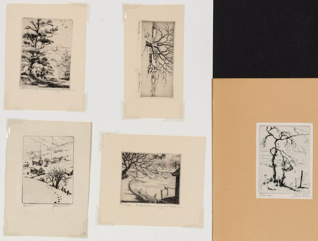 JAMES SWANN (1905-1985) PENCIL SIGNED ETCHINGS: James Swann (1905-1985) Five etchings each signed lower right, titles include: 'Hartville,' 'Big Point Sauble(sic) Light,' 'The Lagoon,' 'Midwinter' and December.' Largest measures 7 x 5 inches. We ha