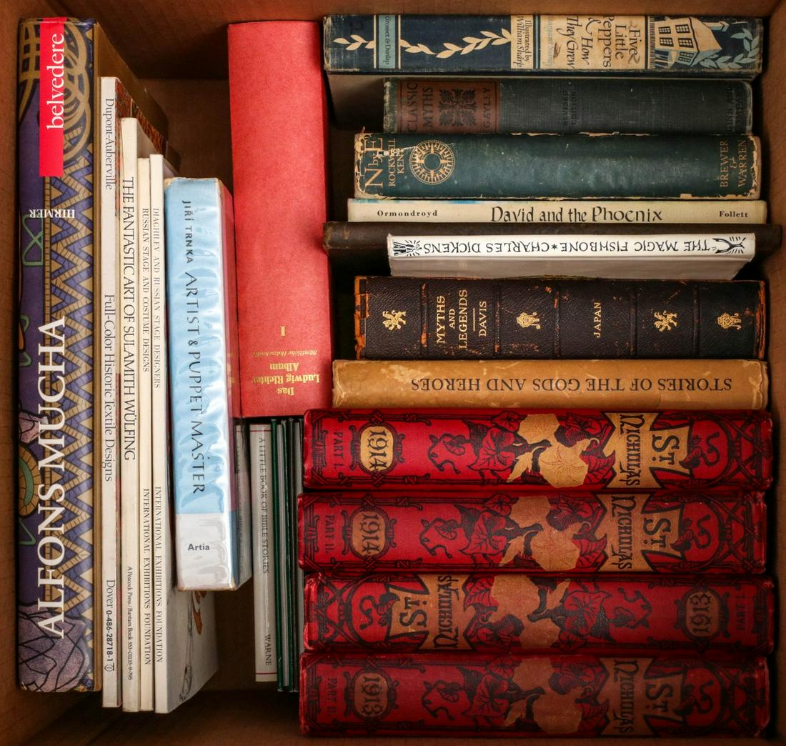 4 VOL. ST. NICHOLAS 1913-4, MUCHA, DICKENS, MYTHS & LIT: From the library of illustrator Robert Haas. Provenance: The Estate of Robert Allan Haas. We happily provide seamless in-house packing and shipping services on nearly everything we sell.