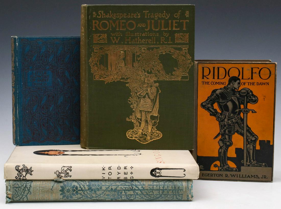 FIVE ILLUSTRATED BOOKS CIRCA 1900: Five illustrated books:. 1) Malcolm Bell, 'Sir Edward Burne-Jones, A Record and Review,' George Bell & Sons, London, New York, 1893. 2) Viktor Rydberg, 'Singoalla,' Albert Bonniers Boktryckeri, 1928.