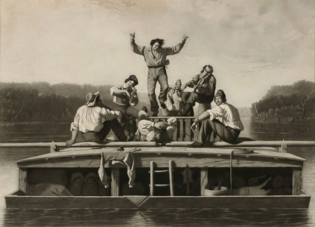GEORGE CALEB BINGHAM (1811-1879) MEZZOTINT, 1847: George Caleb Bingham (1811-1879) The Jolly Flat Boat Men 1847 After George Caleb Bingham (American, 1811-1879), 'The Jolly Flat Boat Men' mezzotint engraving with roulette by T. Doney, 1846, printed b
