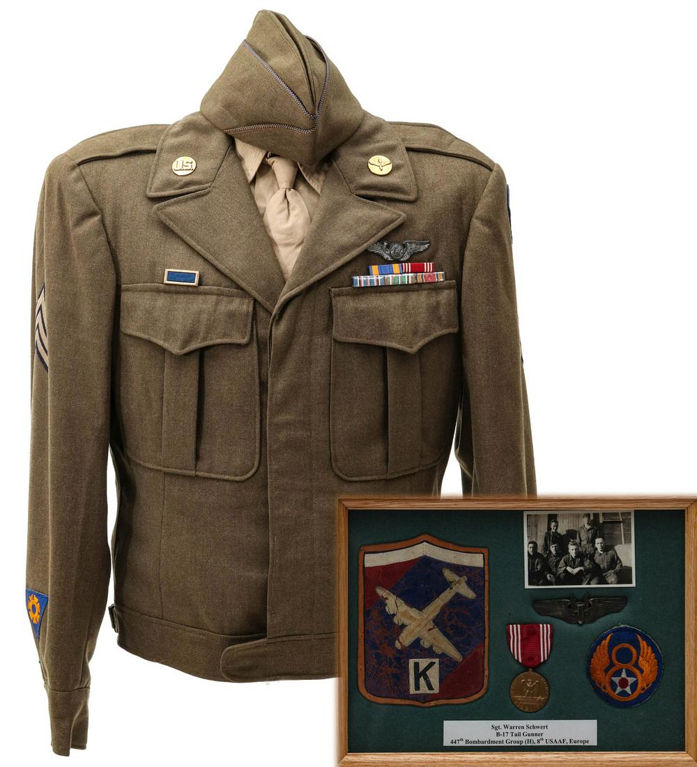 SGT. WARREN F SCHWERT GUNNER, AIR MEDAL, WINGS, UNIFORM: Sergeant Warren F. Schwert, 447th Bomb Group (H), 8th USAAF, European Theatre. Uniform consisting of Ike jacket with all insignia, shirt, tie, pants, five place ribbon bars, Air Crew wings. Shadow Box