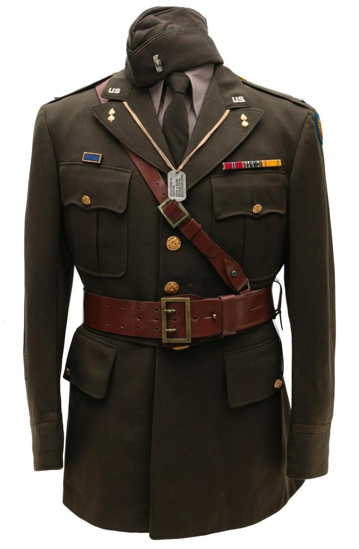 1st. LT OLSEN, AAF, UNIFORMS, BRONZE STAR, SHRAPNEL PIN: First Lt. Harry C. Olsen, 8th AAF. Uniform consisting of: Tunic with 8th AAF SSI on left sleeve, EOD insignia on lower right sleeve, three ribbons, PVC, shirt, tie, dog tag, garrison cap, Sam Brown be