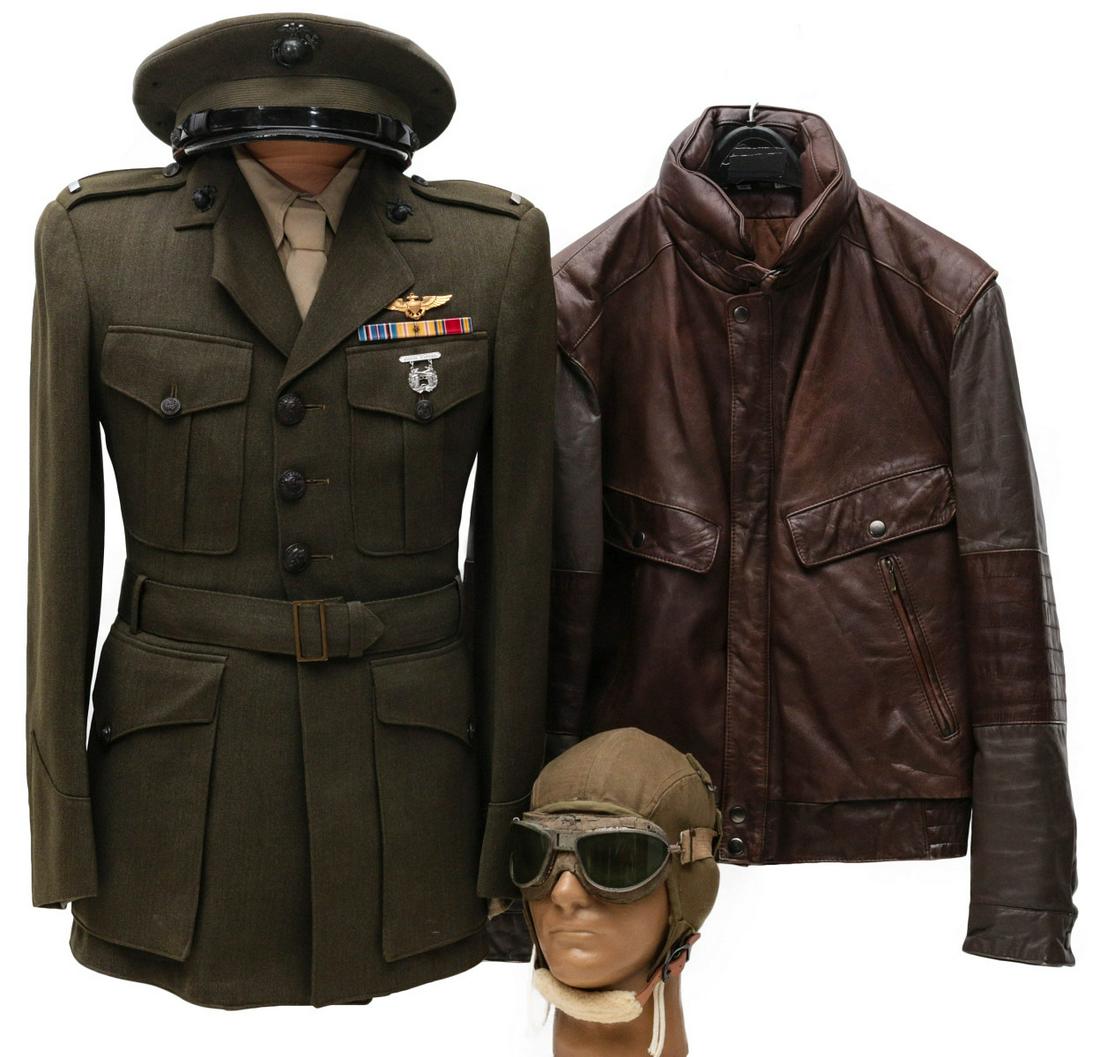 1ST LT. FAUCETT MARINE AIR WING UNIFORM, HELMET, MEDALS: Woodfin 'Woody' E. Faucett, 1st Lt., 1st Marine Air Wing, USMC, Pacific Theatre. Asiatic Pacific Campaign Medal, American Campaign Medal, WWII Victory Medal. He enlisted in the U.S. Navy in 1941 follo