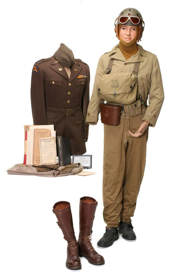 WWII 10TH ARMORED ARCHIVE INCL TANK UNIFORM W/HELMET: Capt. William Kenton, 10th Armored Div. Uniform consisting of tunic with rank and collar insignia, five place ribbon bars, six overseas bars, two SSI's, shirt, tie, garrison cap, breeches, and tanker