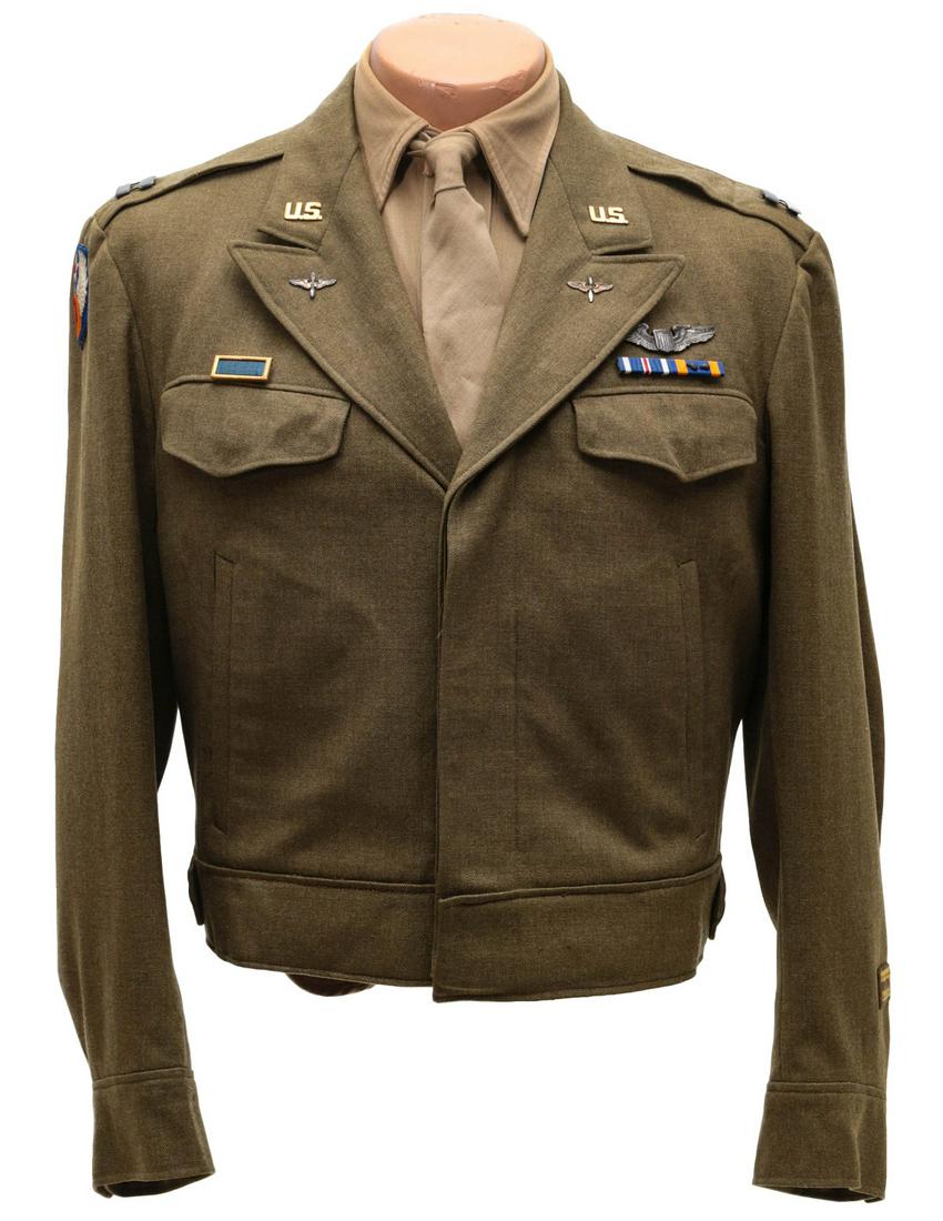 UNIDENTIFIED CAPT AND SERGEANT'S AAF IKE UNIFORMS: Unidentified AAF Captain. Ike jacket with 9th AAF SSI on right sleeve, two overseas bars, two ribbons, PUC, pilot wings, shirt, tie, pants. Plus an unidentified Sergeant, 5th AAF. Ike jacket (modified