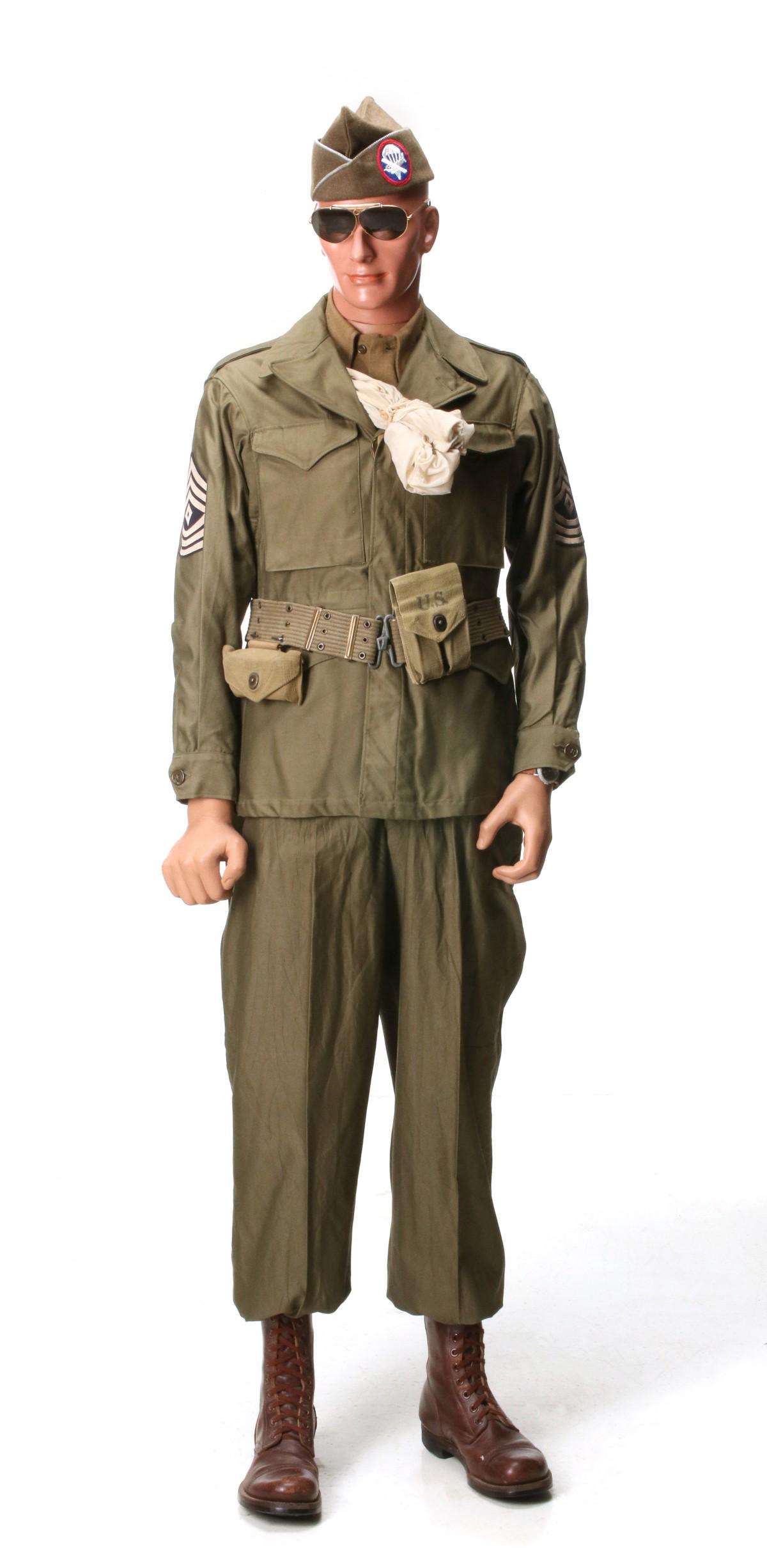 13TH AIRBORNE UNIFORM, BOOTS, PISTOL BELT W/MAG, MORE: Unknown 13th Airborne Field Uniform consisting of 1st Sgt M-43 Field Jacket with rank insignia and SSI, wool olive drab shirt, M-43 Field Trousers, Airborne Infantry garrison cap, brown leather boots,