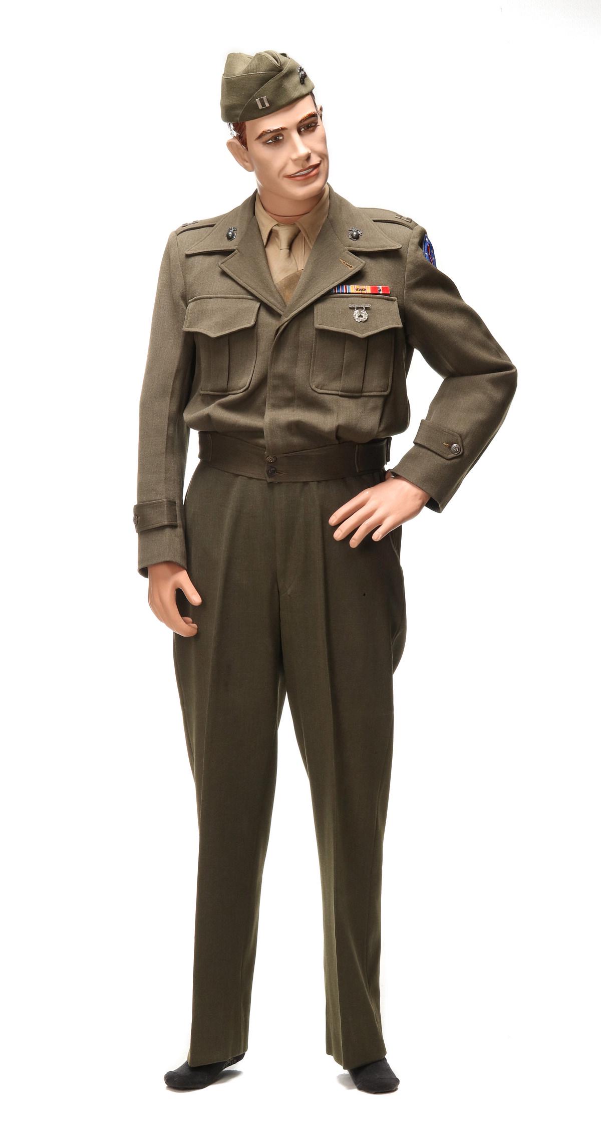 IDed UNIFORMS, PORTRAIT, CLINTON SIG, INSIGNIA, RECORDS: Captain Leroy Swarts, USMC, 1st Marine Division, Pacific Theatre. Retired as Major, 1972. Uniform consisting of: Vandegrift jacket with all insignia to include three place ribbon bar, shirt, tie, pant