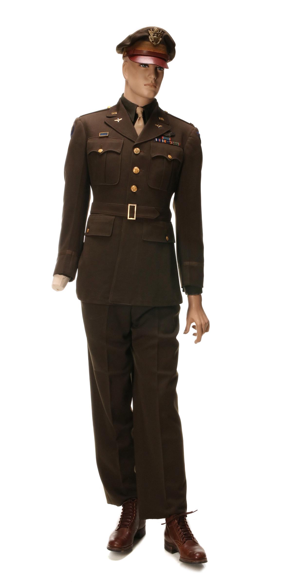 MAJOR ARTHUR ERNEST EXON UNIFORM, 12TH USAAF, AREA 51: Maj. Arthur Ernest Exon, 12th AAF. Uniform consisting of tunic, four ribbon bars to include DSC, DFC, AM, ETO, PUC, AAF, SSI on right sleeve, 12th AAF SSI (both bullion) on left sleeve, shirt, tie, pa