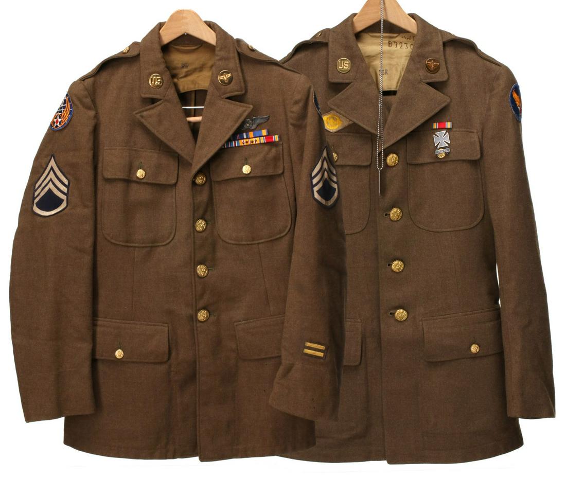 TWO NAMED WWII SERVICE UNIFORM TUNICS, WINGS, ETC: Pvt. Lloyd E. Baker. Service uniform consisting of tunic, pant, garrison cap, dog tag with chain, all insignia, ribbon bar, marksman badge; VA Insurance premium paper with envelope. S/Sgt. Donald J. R