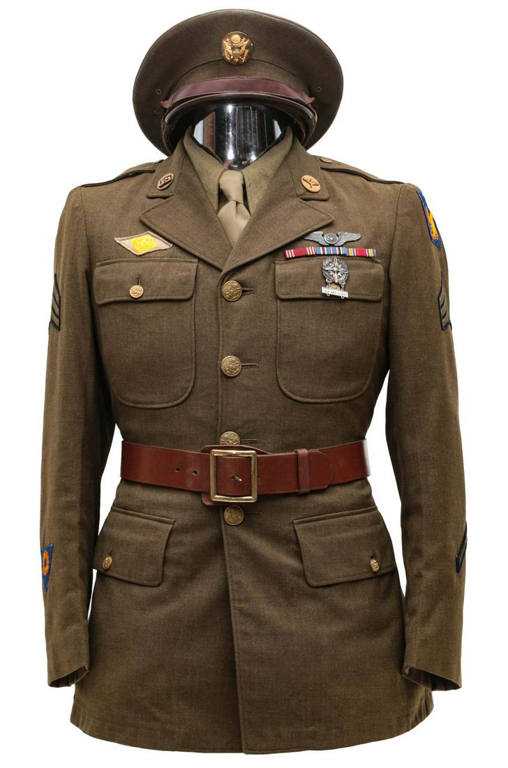 SGT. LIGHTFOOT AAF UNIFORM, RIBBON BAR AND WINGS: Sgt. Lightfoot, Aircraft Mechanic, 2nd AAF, CONUS. Service Uniform with all insignia with three ribbon bars, Air Crew Wings, AP Armorer badge, shirt, tie, visor cap, leather belt. Handbook for B-17 Bo