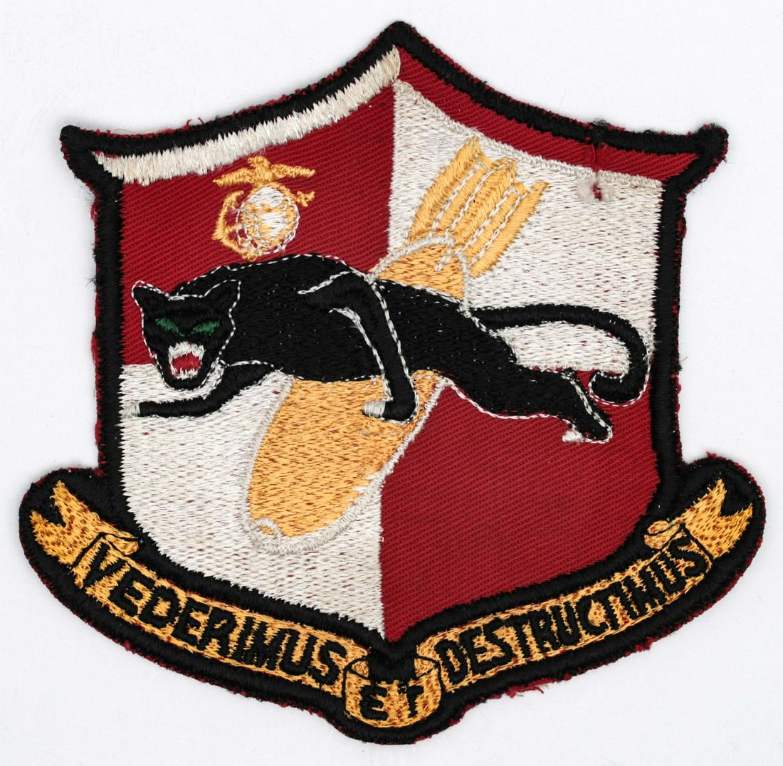 THREE WWII MARINE CORP INSIGNIA PATCHES: 1. VINTAGE MARINE FIGHTING SQUADRON 236 PATCH Circa 1943-1960s, Marine Fighting Squadron 236 'Black Panthers' (VMF-236), polychrome stitching on a red fabric backing.2. WWII MARINE UTILITY SQUADRON 35