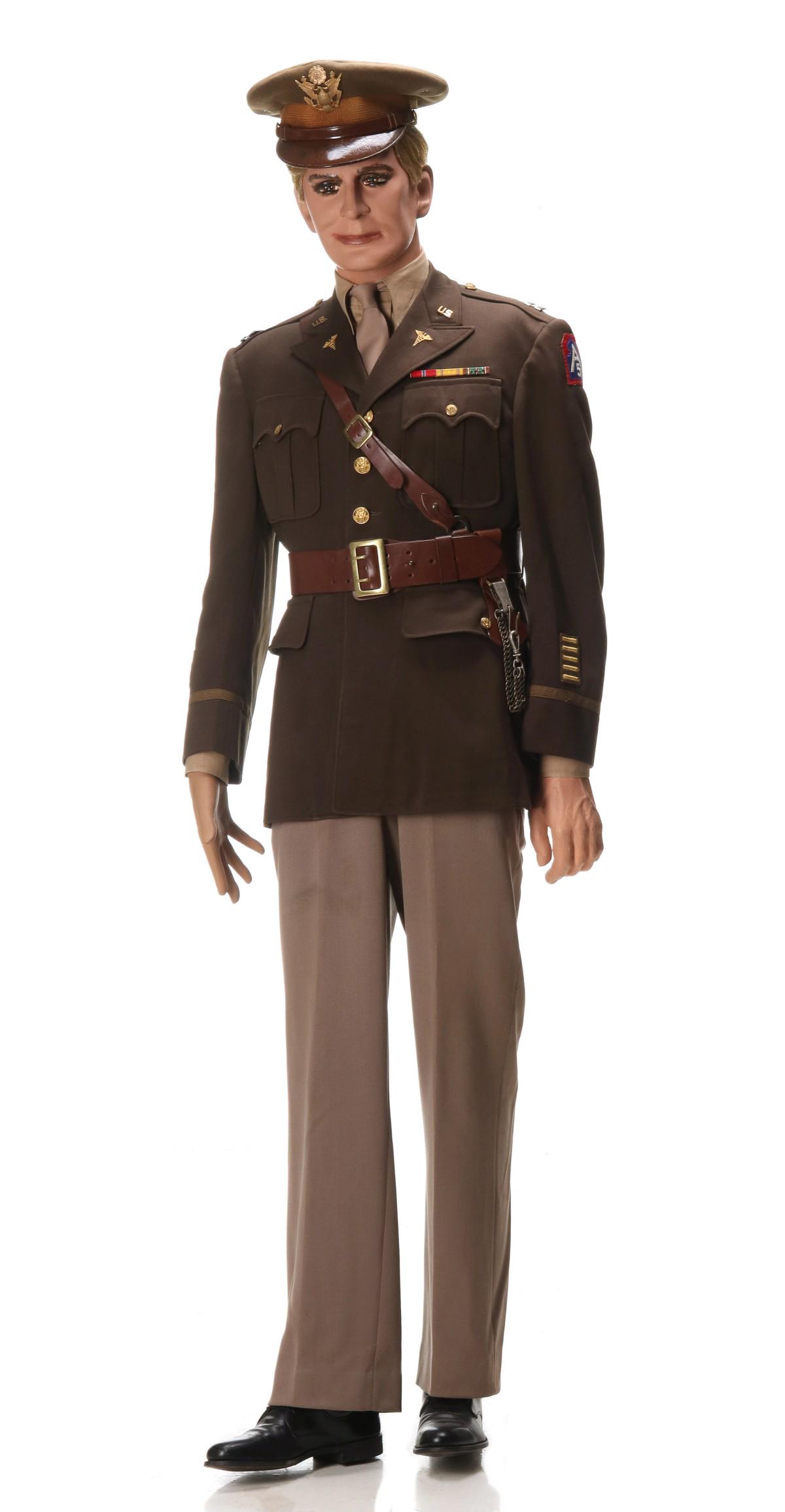 CAPT. JACK HILL UNIFORM, MEDIC 5TH ARMY, EUROPE: Service uniform with leather Sam Brown belt with sword hanger, shirt, tie, visor cap, three place ribbon bar, five overseas bars, pants. Photo of him wearing this uniform. Captain Jack Hill, Medical S