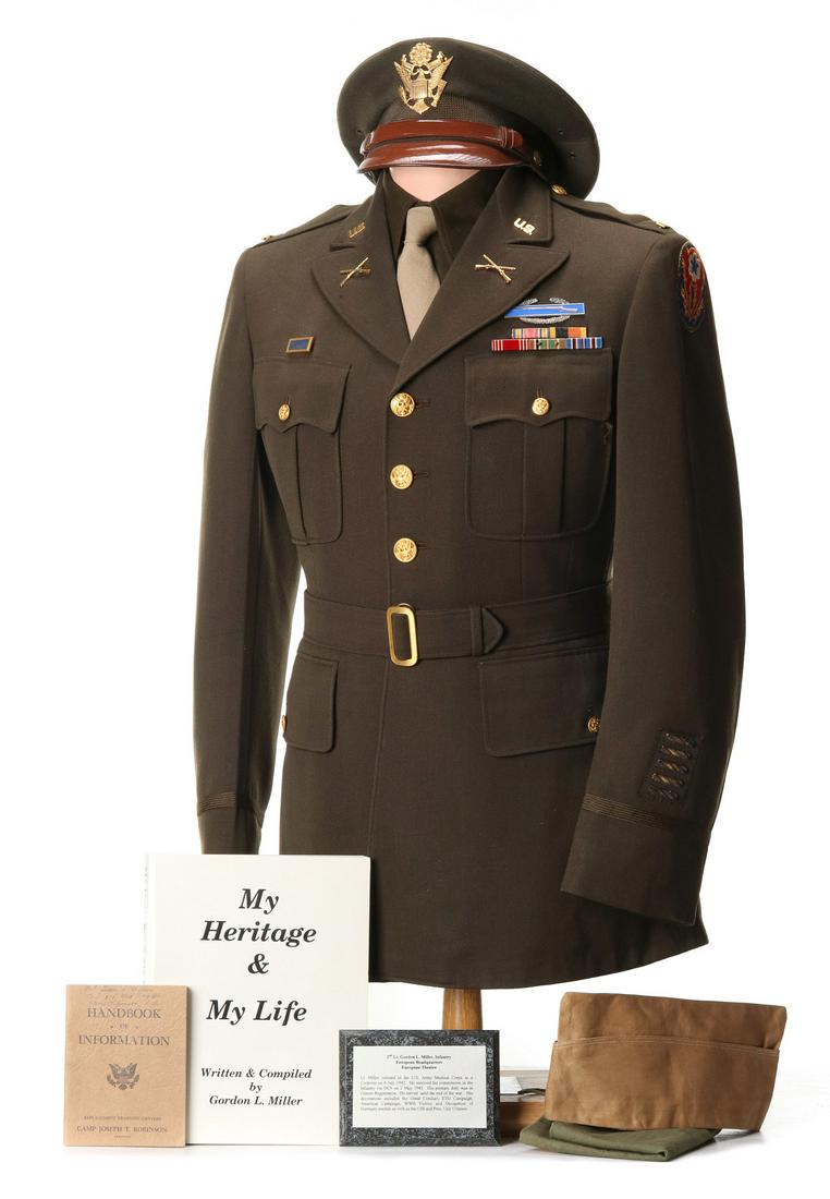 2ND LT. GORDON L. MILLER UNIFORM, INFANTRY, EUROPE: Service uniform consisting of tunic with CIB, five ribbons, five bullion overseas bars, PUC, HQ ETO SSI, visor cap; Handbook of Information, 49 pages, with his rank, name, unit while a Private at Camp