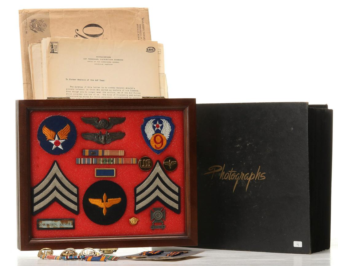 WINGS, INSIGNIA, BRASS, RIBBON BARS ATTR ARNOLD SNOWDEN: Shadow Box containing: Air Crew wings, Gunner wings, AAF SSI, 9th AAF SSI, Sgt. rank insignia, Pair AAF Enlisted collar brass, Aviation Cadet SSI, Five place ribbon bars, PUC, Sharpshooter badge with 