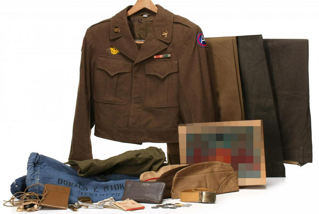 PVT MIDKIFF UNIFORM AND PERSONAL EFFECTS GROUPING: 1) Items belonging to Pvt. Donald E. Midkiff, 124th AAA Batallion including: uniform consisting of Eisenhower 'Ike' jacket with two SSL, two place ribbon bars, pair of coast artillery collar brass, 3 
