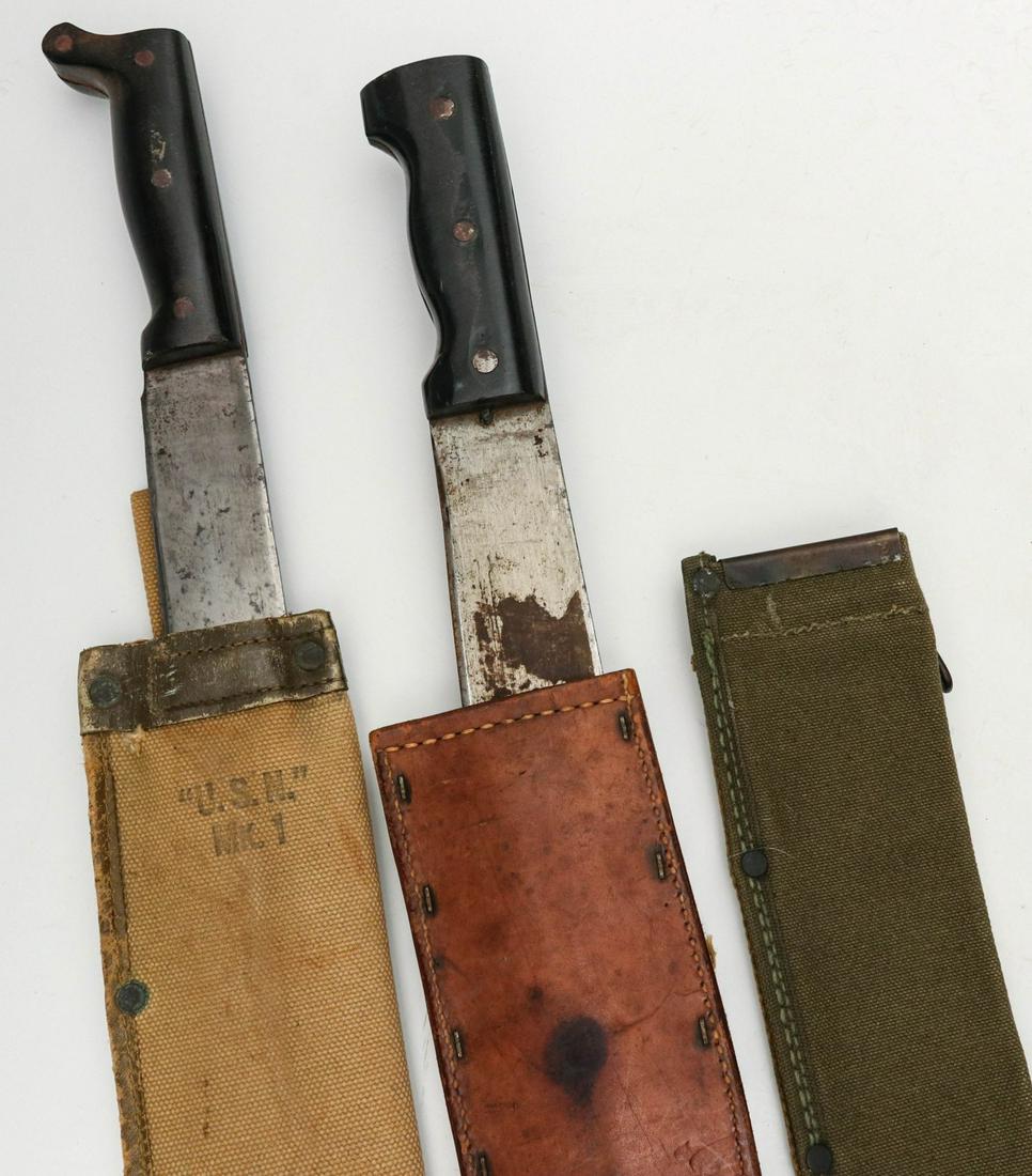 US NAVY WWII AND OTHER MACHETE: USN MK-1 machete with scabbard; 20 inch Collins machete '42 with leather scabbard; canvas machete scabbard, 18.5' dated 1944. All veteran attributions and histories have been provided by the consignor