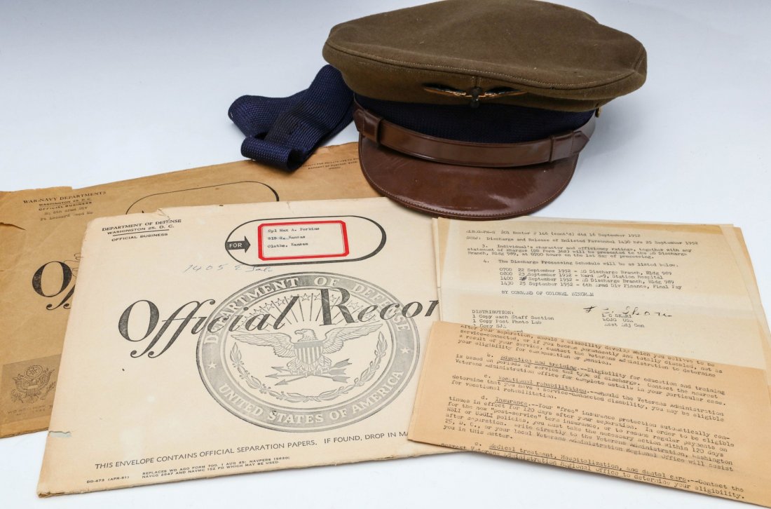 GROUPING PERTAINING TO WWII AAF LIEUTENANT AND BROTHER: Items belonging to 2nd Lt. Carl C. Perkins Jr. AAF Cadet visor cap; AAF Cadet cap band. Items belonging to brother Cpl. Max A. Perkins, 6th Armored Div. with Official Order envelope; Certificates of T